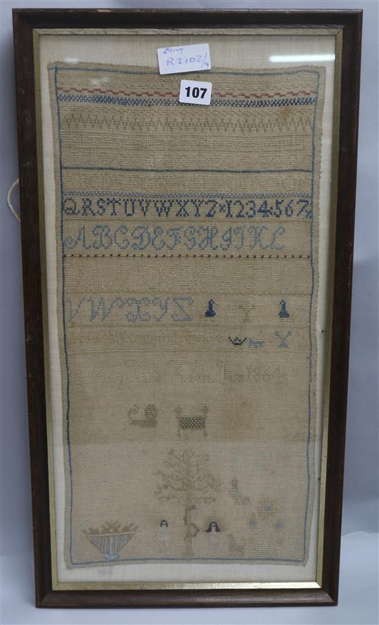 A 19th century sampler depicting Adam and Eve